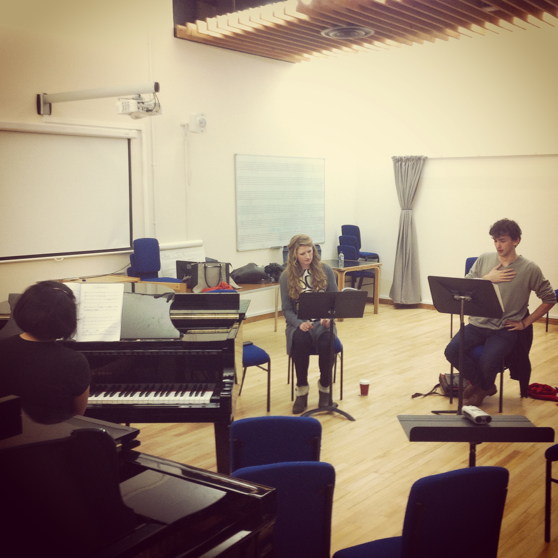 Évariste Opera vocal score rehearsal, early 2015. Callie Swarbrick as Examiner Pochon and Jonathan Hyde as Évariste..JPG
